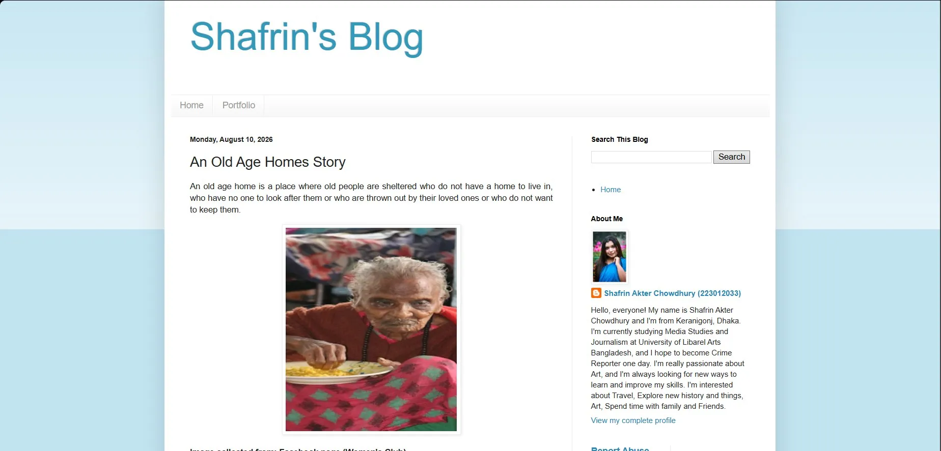 Screenshot of Shafrin Akter’s Blogspot post “An Old Age Homes Story” showing the opening paragraphs and images as published, reporting from Apon Nibash Old Age Home.