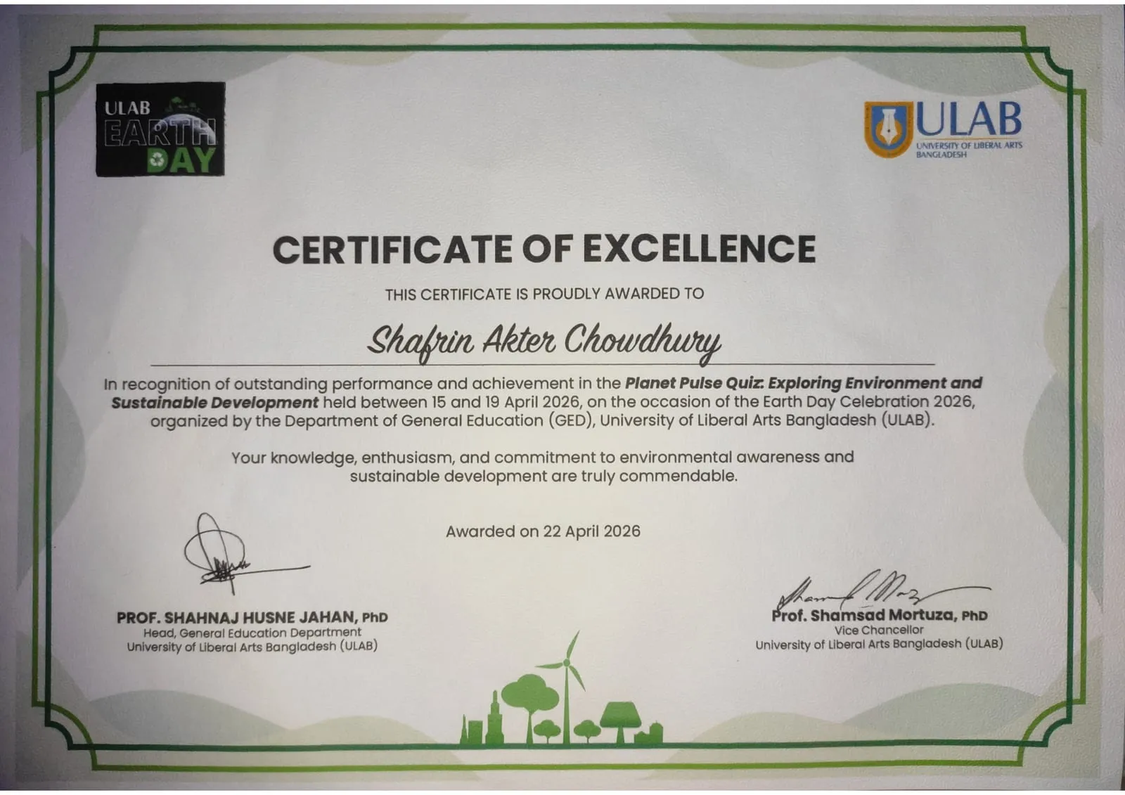 Planet Pulse Quiz certificate of excellence awarded to Shafrin Akter Chowdhury.